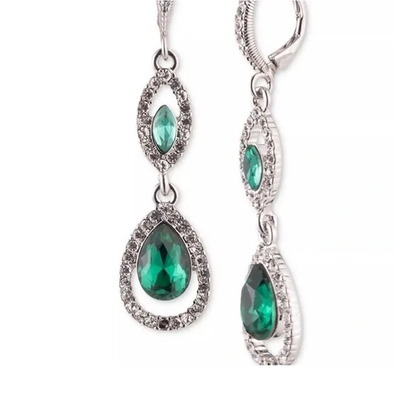 Givenchy Pavé & Dark Green Stone Double Drop Earrings in Silver - Picture 1 of 1
